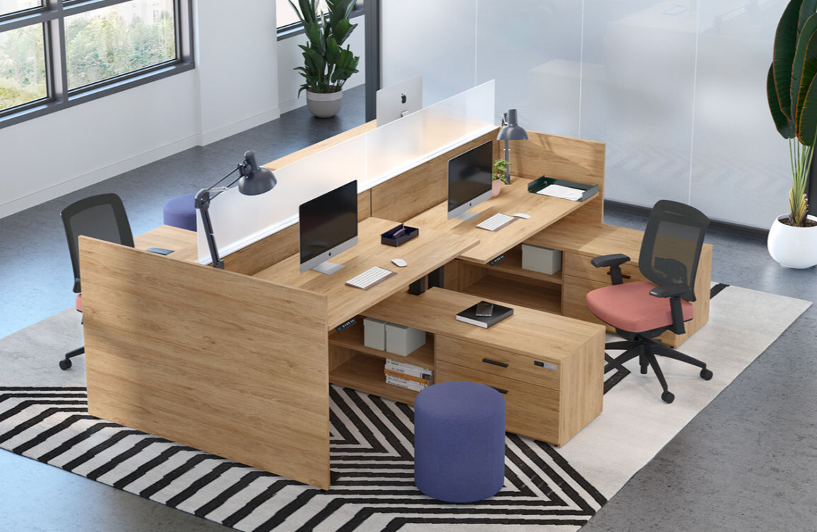 Espace de travail moderne avec un bureau en bois clair, plusieurs postes équipés d'ordinateurs, des chaises ergonomiques, un tapis rayé noir et blanc, et des plantes en pot.